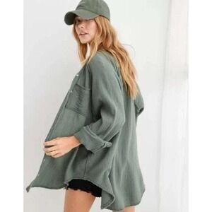 Aerie gauze Green Oversized Button‎ Down Shirt Loungewear XS